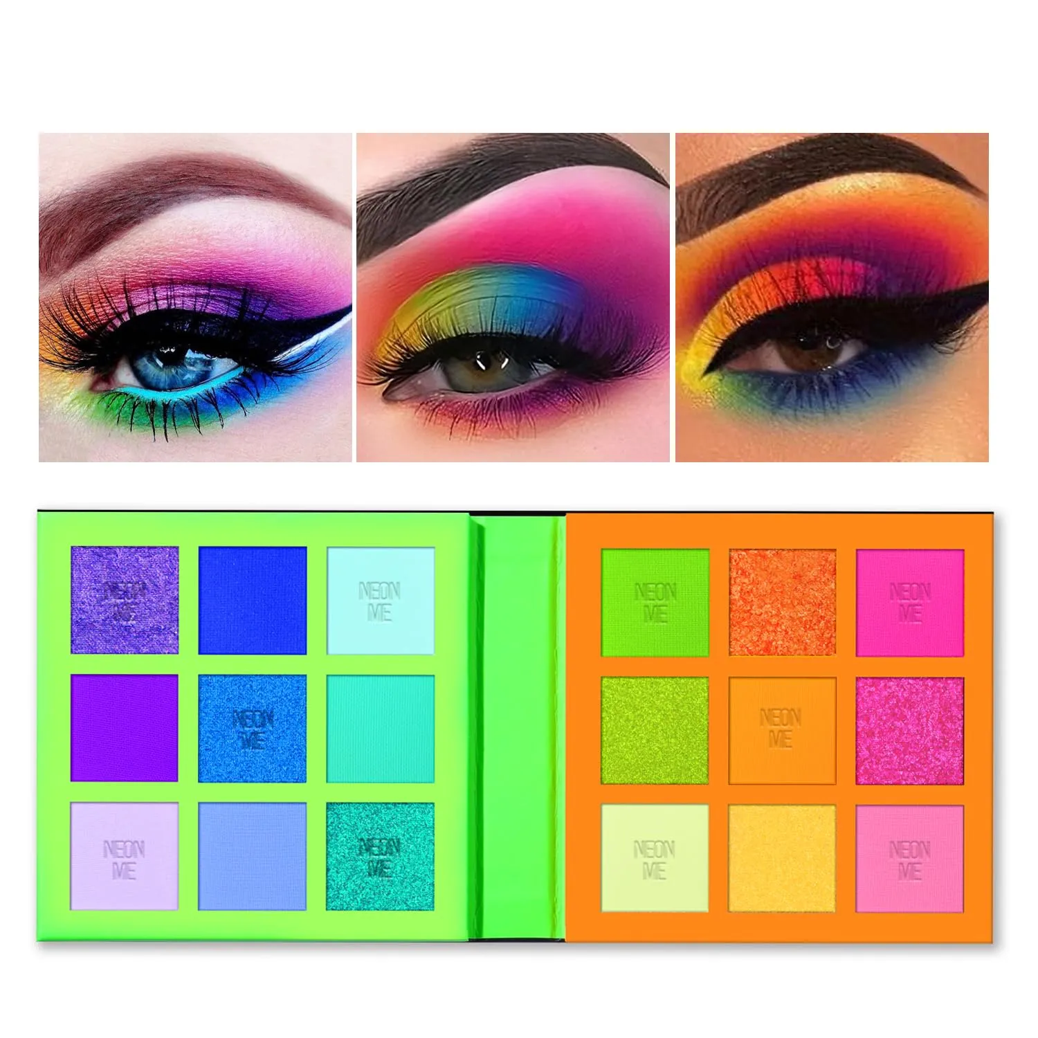 Neonme Eyeshadow Palette, 18 Fluorescent Color Glowing Eyeshadows, Rainbow Purple Blue Green Yellow Pink Eye Shadow Palettes for fun party Popular Eye Makeup, Glitter Matte Shimmer