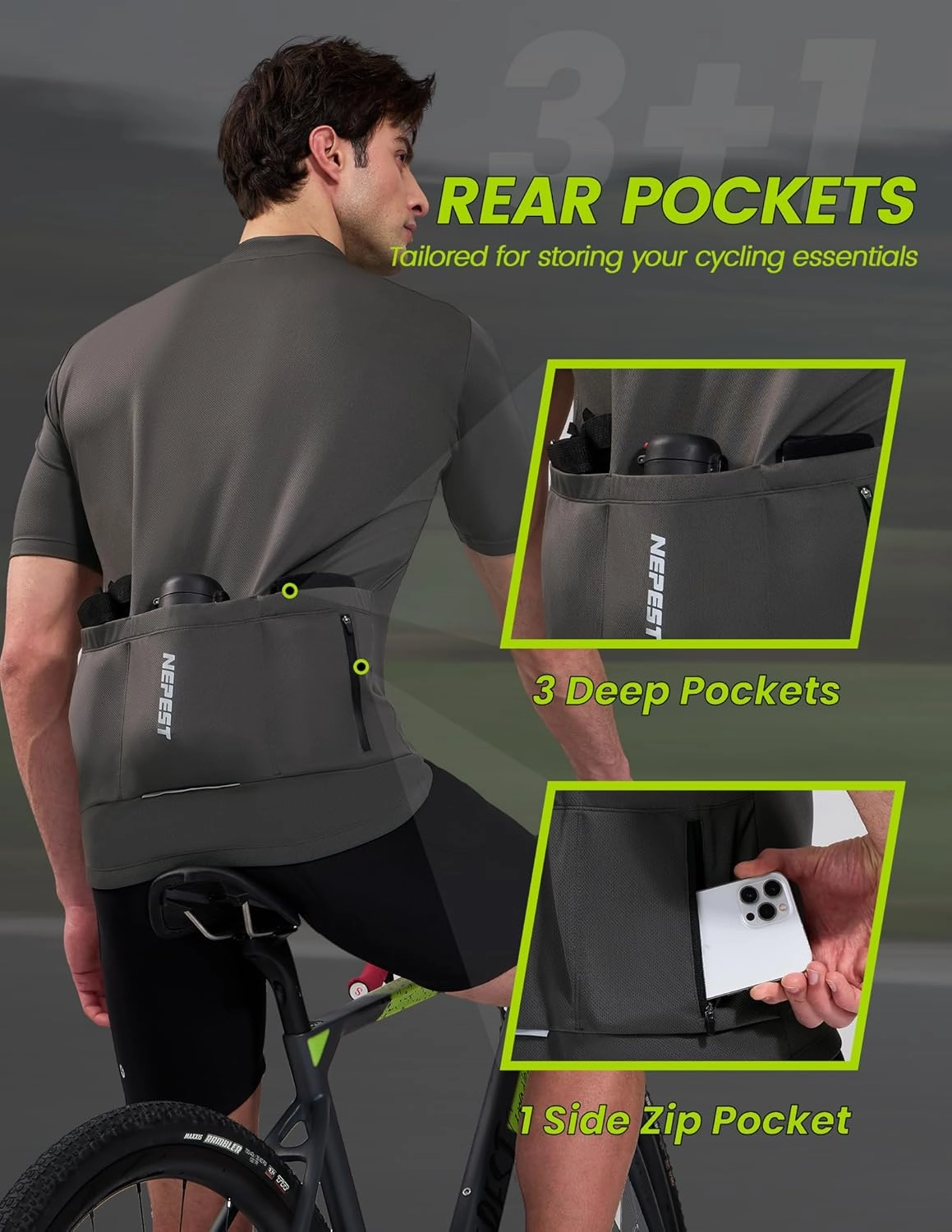 Nepest Cycling Jersey Men Short Sleeve Bike Shirts with 4 Rear Pockets Moisture Wicking Half Zip Road & Mountain Biking