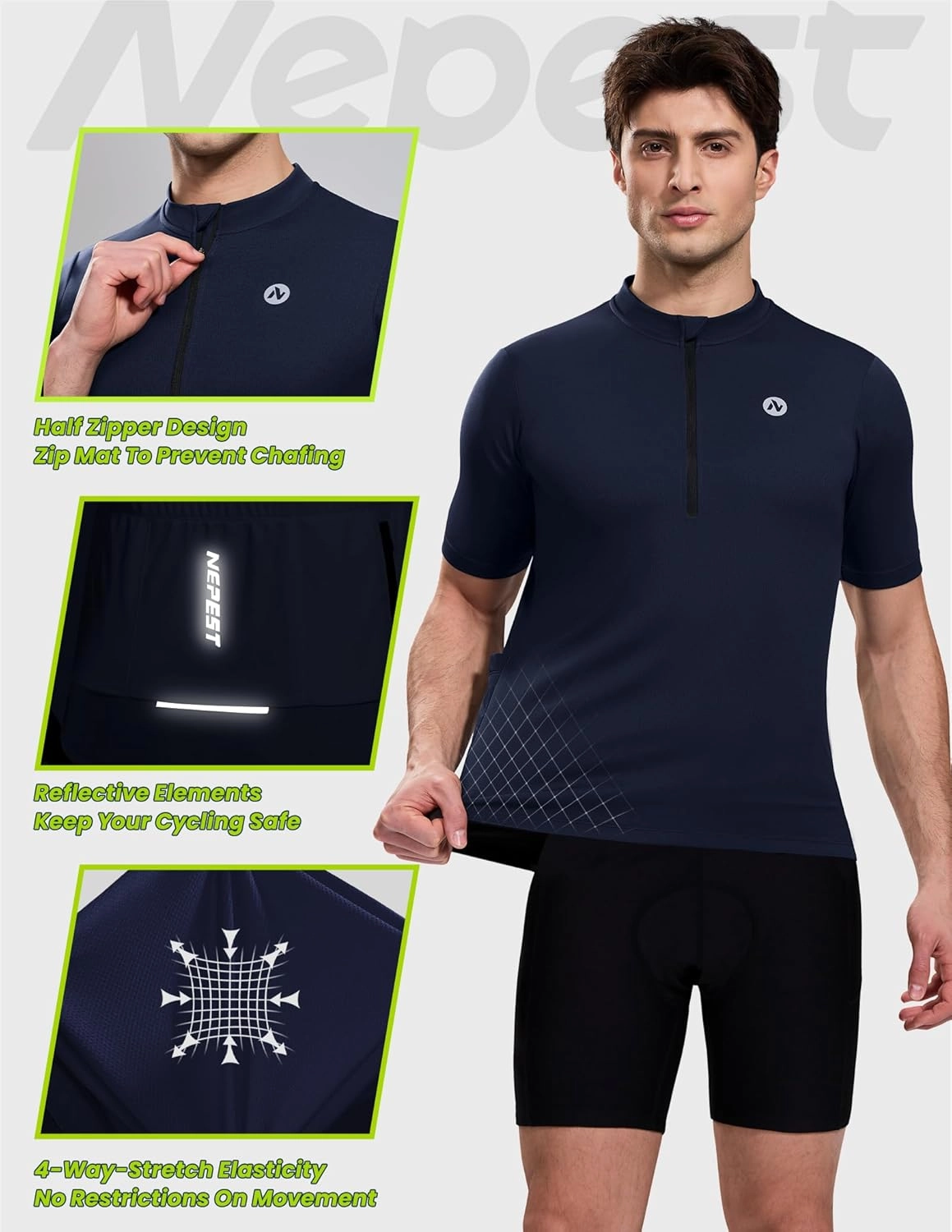 Nepest Cycling Jersey Men Short Sleeve Bike Shirts with 4 Rear Pockets Moisture Wicking Half Zip Road & Mountain Biking