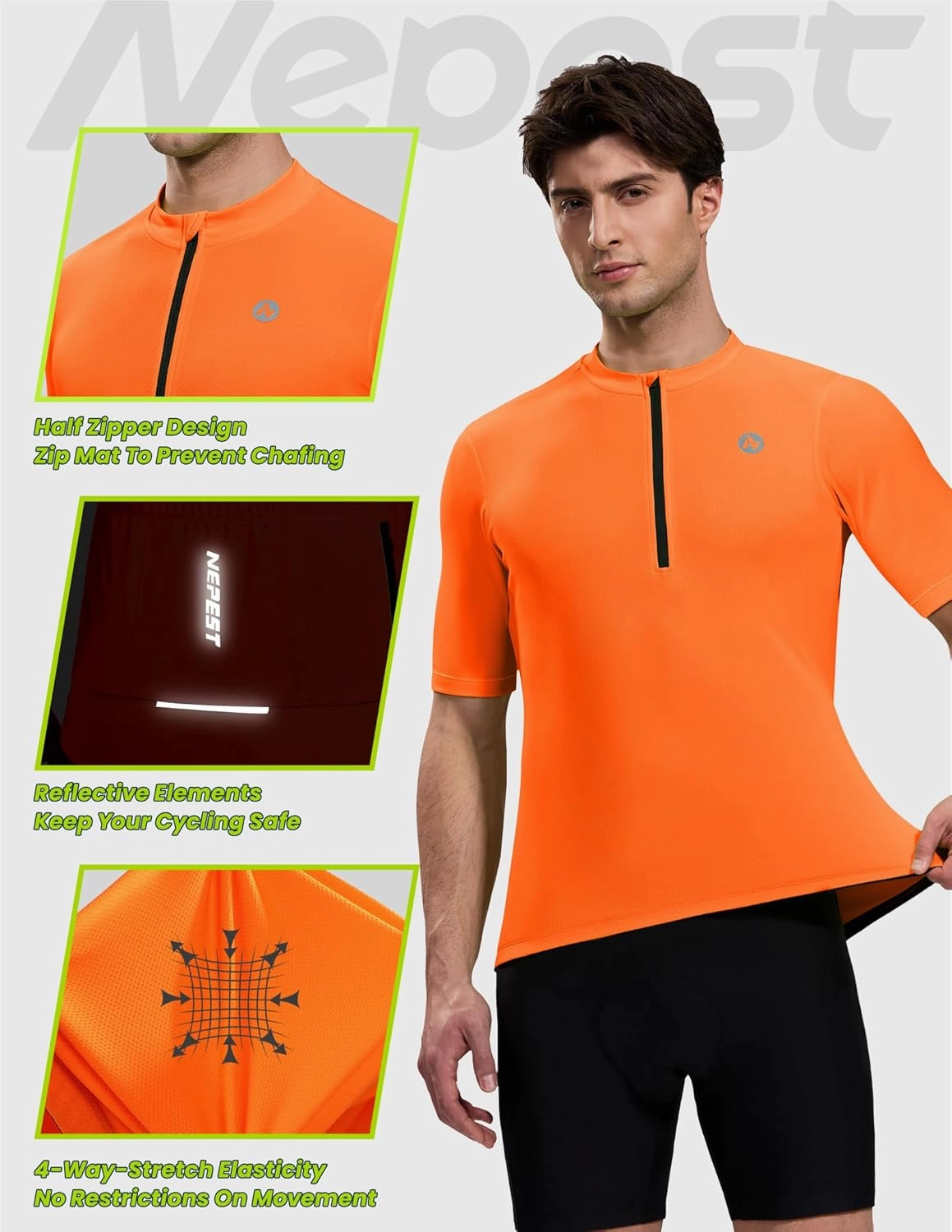 Nepest Cycling Jersey Men Short Sleeve Bike Shirts with 4 Rear Pockets Moisture Wicking Half Zip Road & Mountain Biking