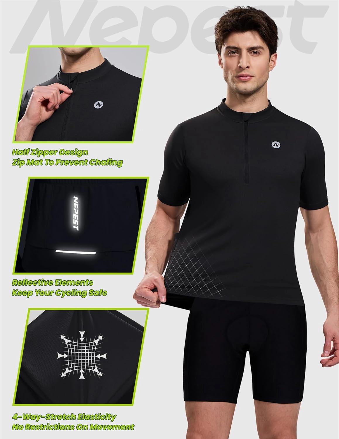 Nepest Cycling Jersey Men Short Sleeve Bike Shirts with 4 Rear Pockets Moisture Wicking Half Zip Road & Mountain Biking