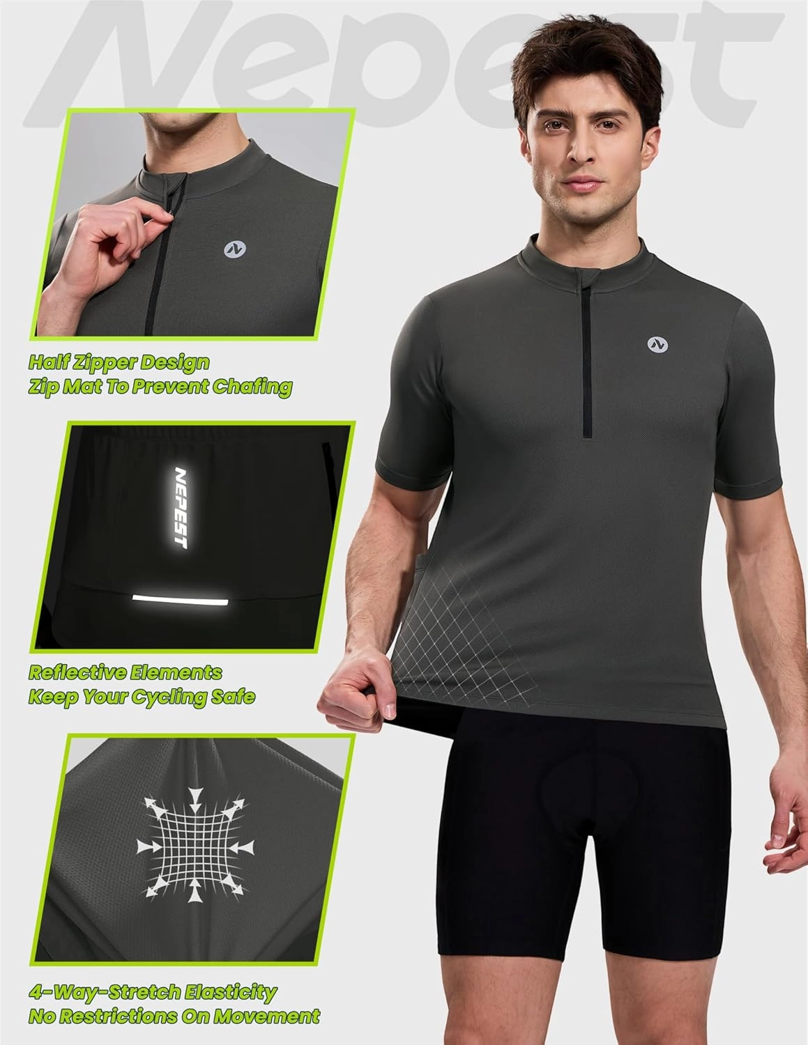 Nepest Cycling Jersey Men Short Sleeve Bike Shirts with 4 Rear Pockets Moisture Wicking Half Zip Road & Mountain Biking