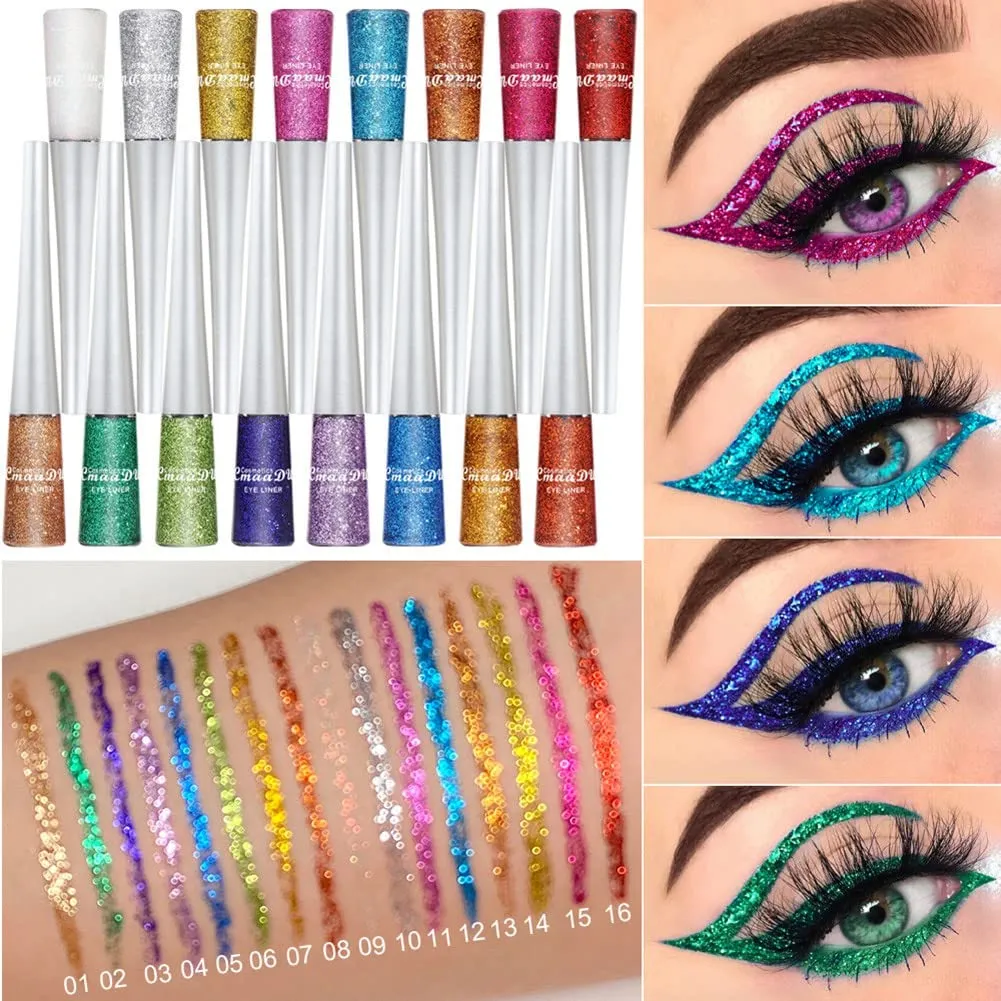 Ofanyia Rainbow Colorful Glitter Shimmer Liquid Eyeliner Set, 16 Pcs, Waterproof Long-lasting Smudge Proof Highly Pigmented Colored Eyeliner Pencil Quick Dry Eye Makeup Pen