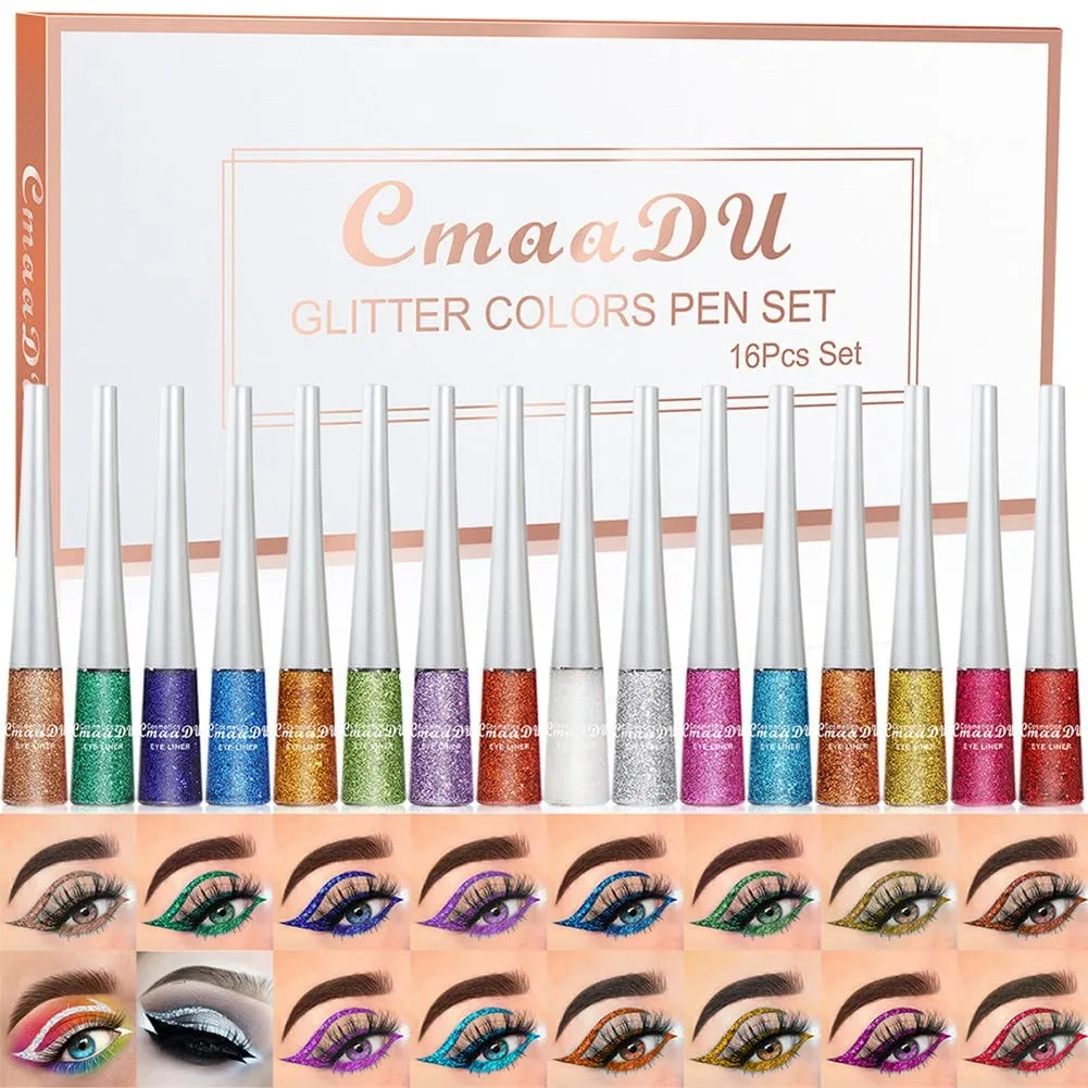 Ofanyia Rainbow Colorful Glitter Shimmer Liquid Eyeliner Set, 16 Pcs, Waterproof Long-lasting Smudge Proof Highly Pigmented Colored Eyeliner Pencil Quick Dry Eye Makeup Pen