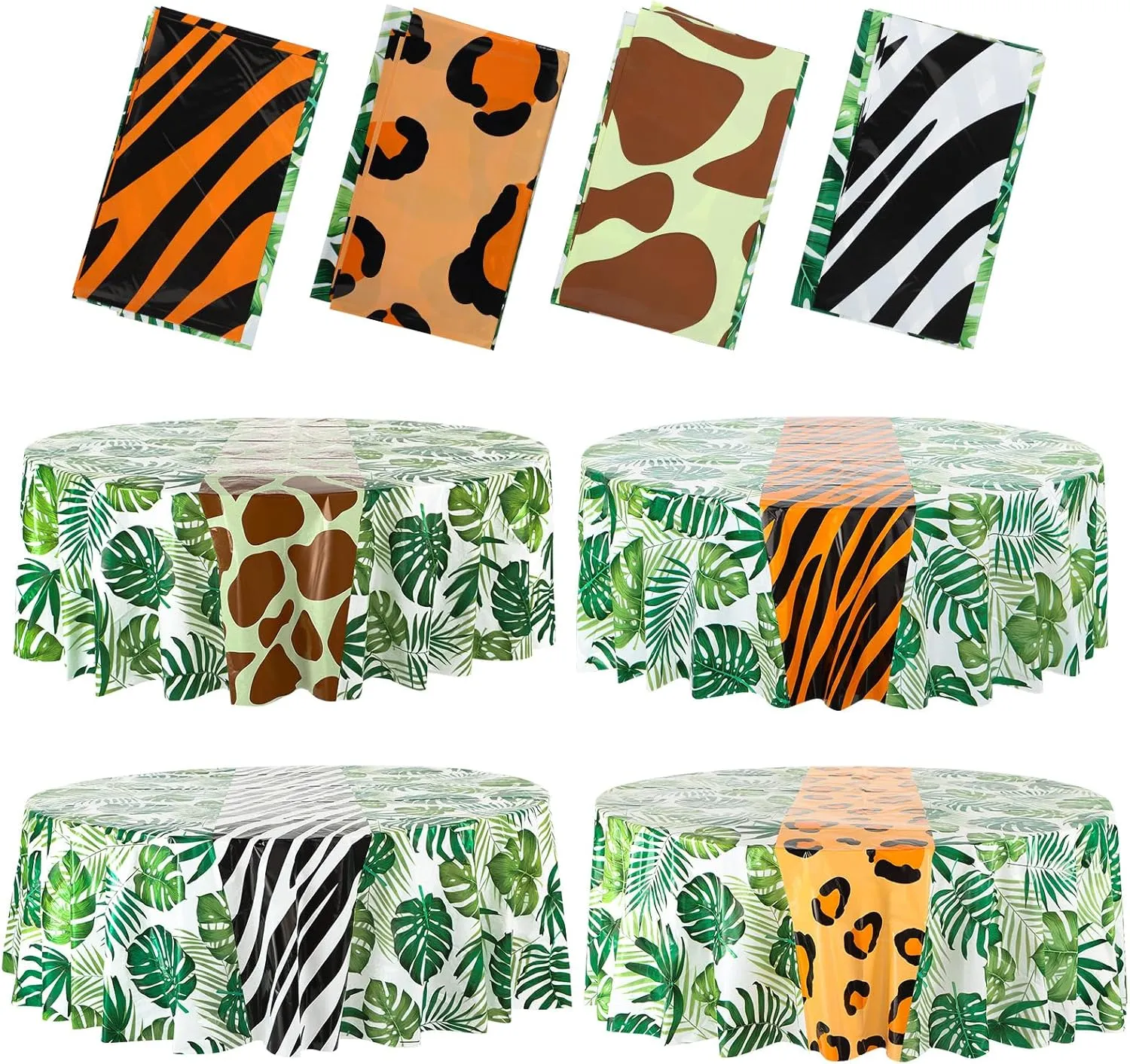 Oudain 4 Pack Animal Safari Tablecloth 84 x 84 Inch Round Jungle Theme Table Cover Tropical Leave Tiger Zebra Giraffe Print Plastic Tablecloth for Birthday Baby Shower Zoo Safari Party Supplies