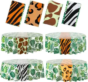 Oudain 4 Pack Animal Safari Tablecloth 84 x 84 Inch Round Jungle Theme Table Cover Tropical Leave Tiger Zebra Giraffe Print Plastic Tablecloth for Birthday Baby Shower Zoo Safari Party Supplies
