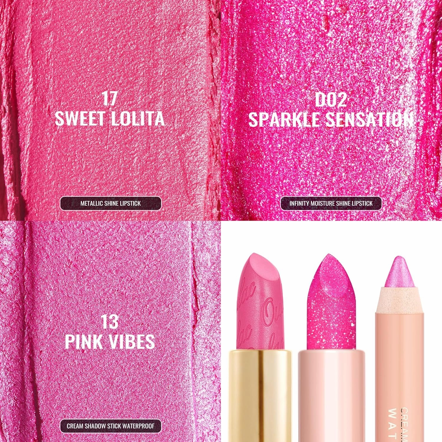 Oulac 3PCS Pink Lipstick Set | Metallic Lipstick, Moisturizing Lipstick, Lip Liner Stick | Smooth & Vegan | Ideal for Makeup Enthusiasts