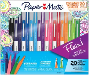Paper Mate Flair Felt Tip Pens, Bold and Medium Point, 0.7 mm, Assorted Colors, Pack of 20 Pens