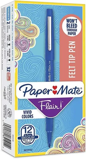 Paper Mate Flair Felt Tip Pens, Medium Point (0.7mm), Blue, 12 Count