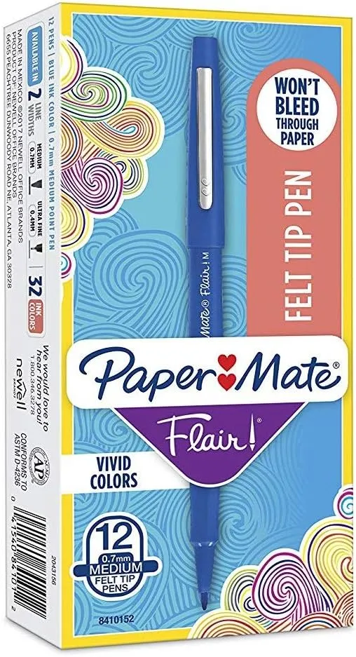 Paper Mate Flair Felt Tip Pens, Medium Point (0.7mm), Blue, 12 Count