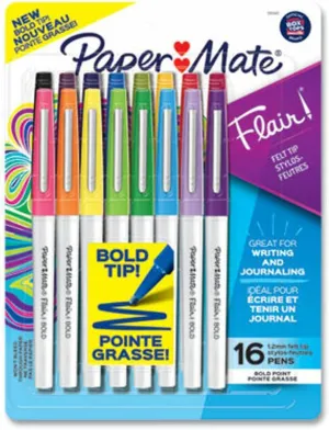 Paper Mate Flair Pens, Felt Tip Pens, Bold Tip (1.2 mm), Assorted Colors, 16 Count