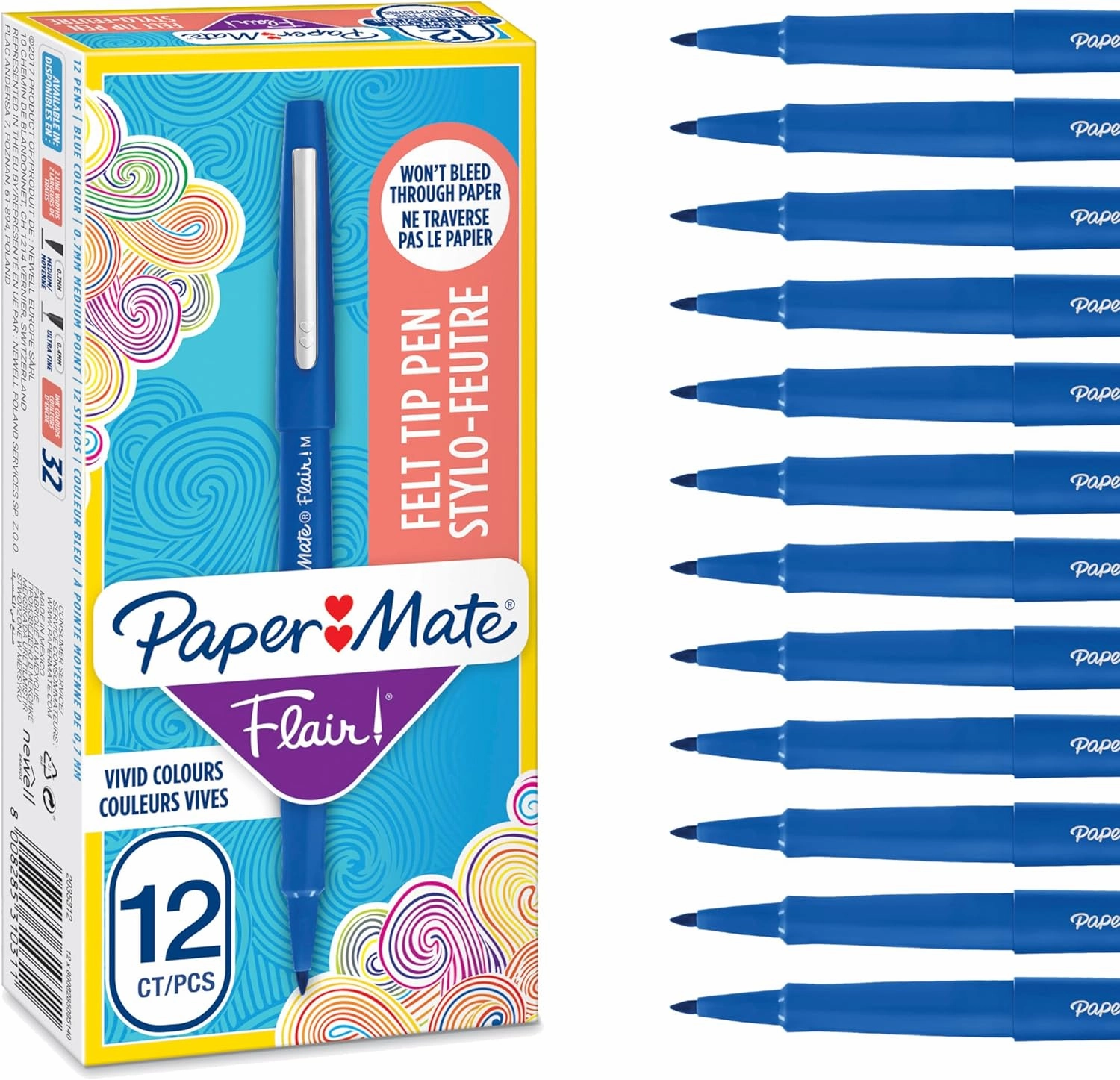 Paper Mate Flair Felt Tip Pens | Medium Point (0.7 mm) Writing Pens | Blue | for Writing, Drawing & Sketching | 12 Count