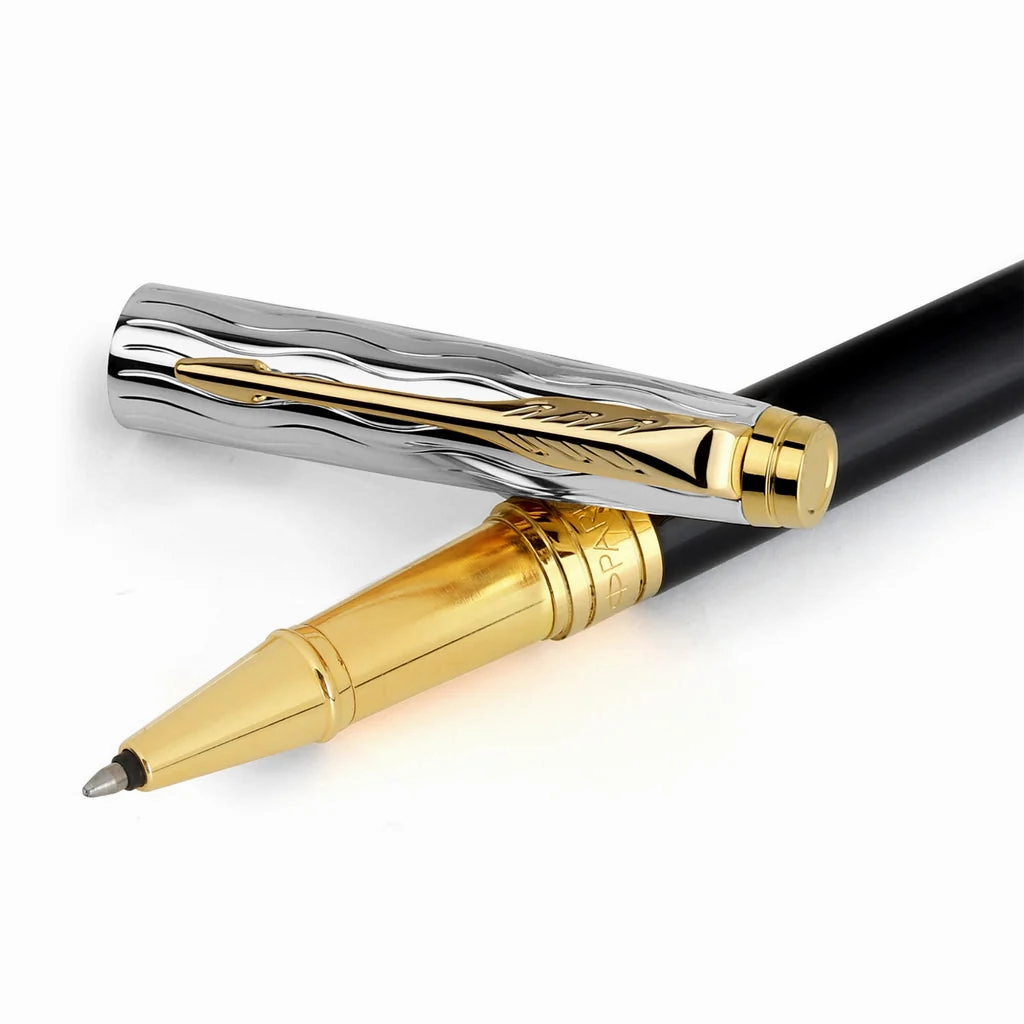 PARKER, Rollerball Pen - ASTER | Black & Chrome Essential | Gold Trim.