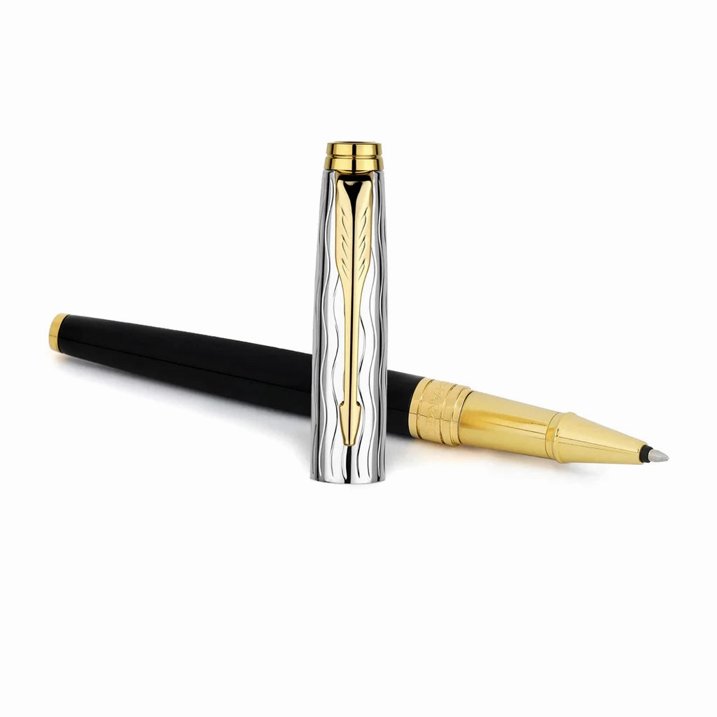PARKER, Rollerball Pen - ASTER | Black & Chrome Essential | Gold Trim.