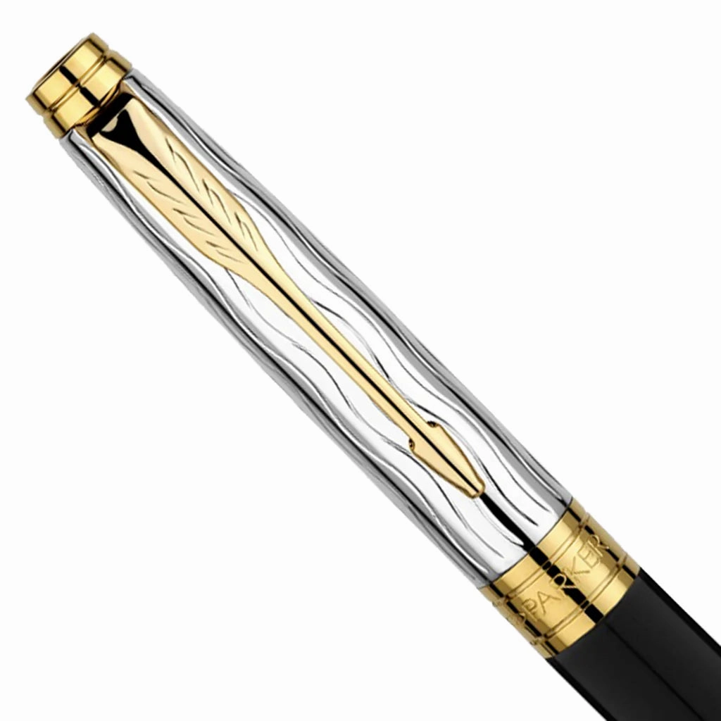 PARKER, Rollerball Pen - ASTER | Black & Chrome Essential | Gold Trim.