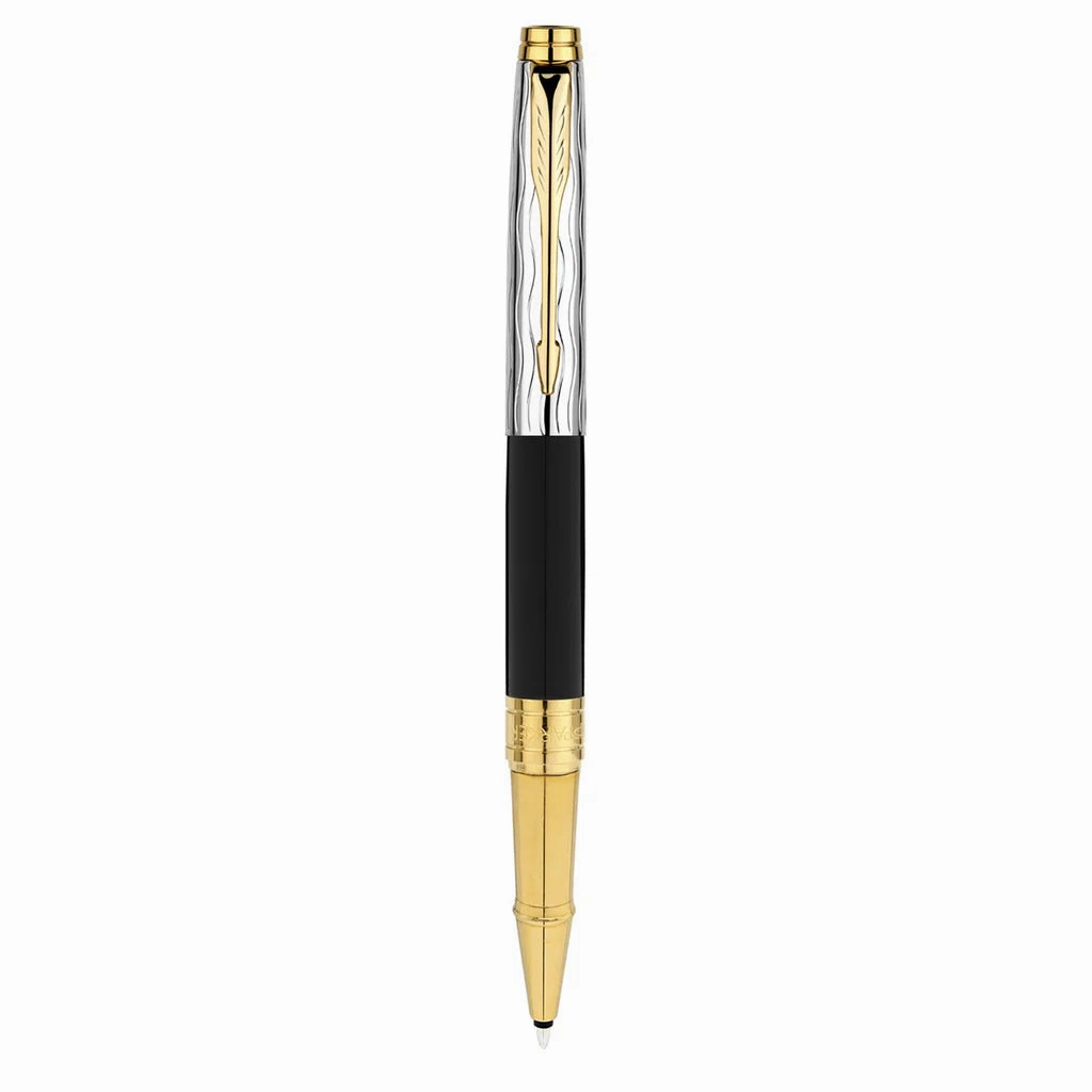 PARKER, Rollerball Pen - ASTER | Black & Chrome Essential | Gold Trim.