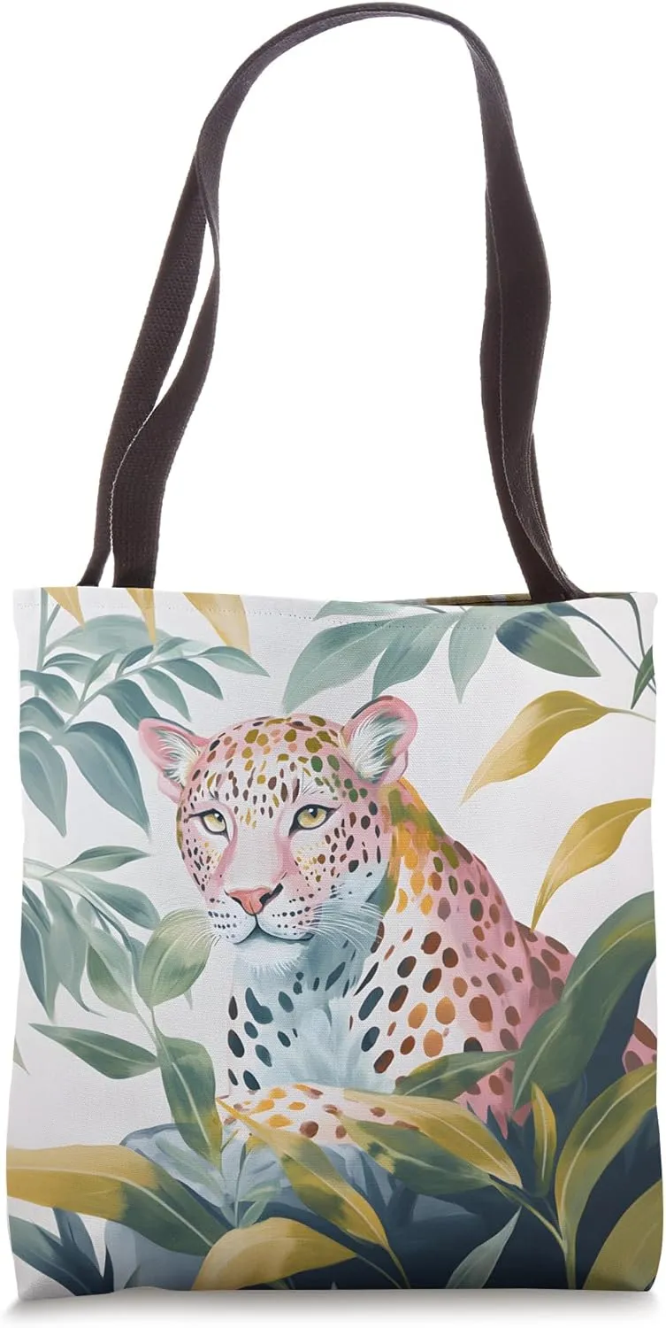 Pastel Leopard in Lush Jungle Leaves Elegant Animal Art Tote Bag