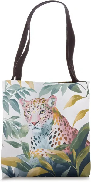 Pastel Leopard in Lush Jungle Leaves Elegant Animal Art Tote Bag