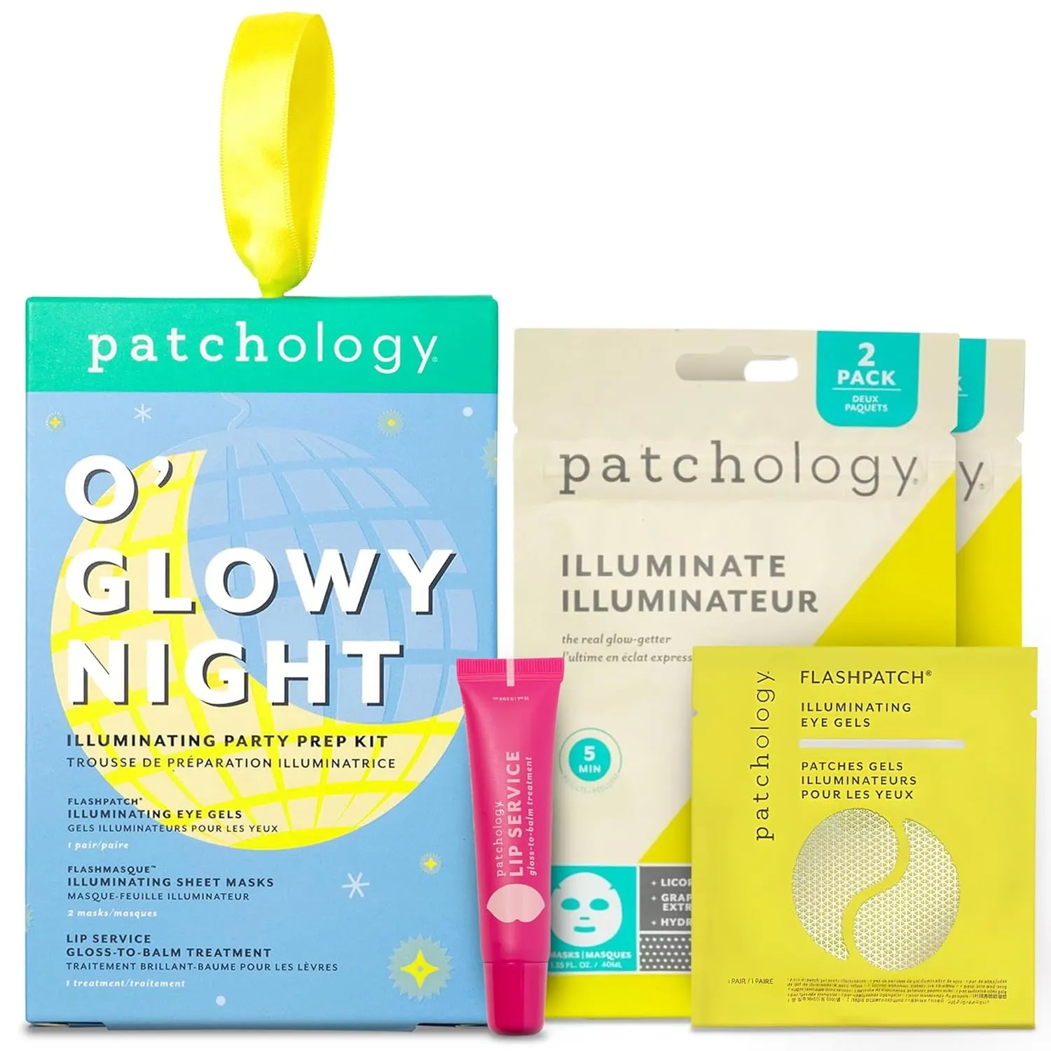 Patchology O' Glowy Night: Party Prep Set - Brightening Face, Eye & Lip Masks for Instant Glow, Vitamin C Sheet Mask, Under Eye Patches plus Rose lip mask with Resveratrol - Stocking Stuffer Gift