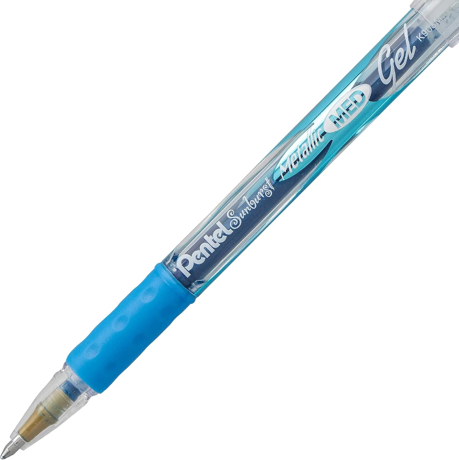Pentel Sunburst Metallic Gel Pen, 0.8mm Tip Writes 0.4mm Line, Blue/Transparent Barrel Blue Ink, Box of 12 (K908-MC)