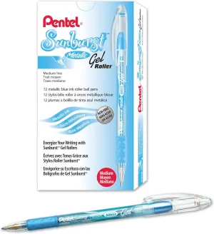 Pentel Sunburst Metallic Gel Pen, 0.8mm Tip Writes 0.4mm Line, Blue/Transparent Barrel Blue Ink, Box of 12 (K908-MC)