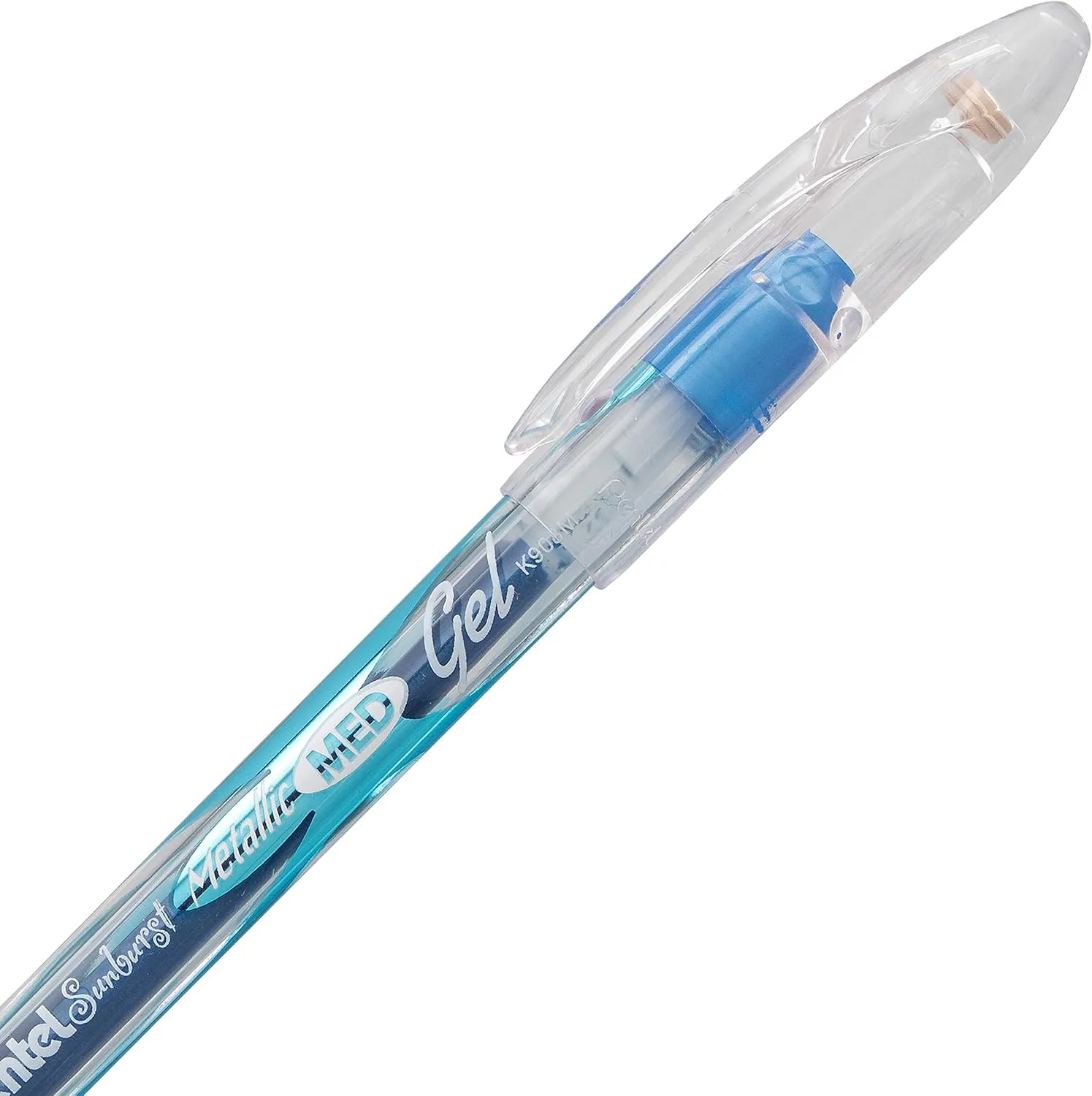 Pentel Sunburst Metallic Gel Pen, 0.8mm Tip Writes 0.4mm Line, Blue/Transparent Barrel Blue Ink, Box of 12 (K908-MC)