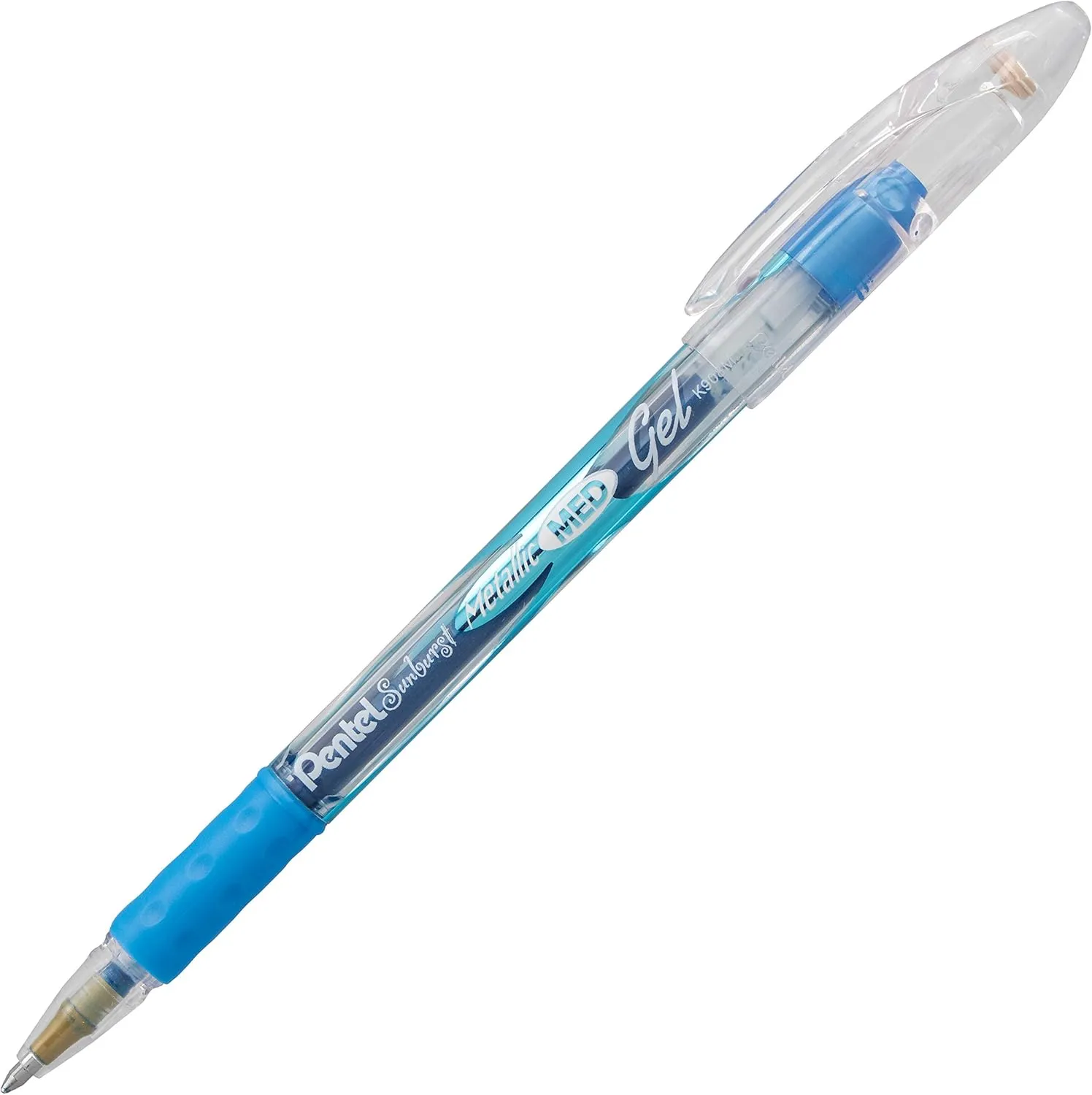 Pentel Sunburst Metallic Gel Pen, 0.8mm Tip Writes 0.4mm Line, Blue/Transparent Barrel Blue Ink, Box of 12 (K908-MC)