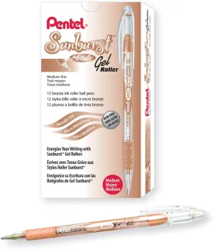 Pentel Sunburst Metallic Gel Pen, 0.8mm Tip Writes 0.4mm Line, Bronze/Transparent Barrel Bronze Ink, Box of 12 (K908-ME)