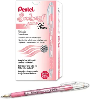 Pentel Sunburst Metallic Gel Pen, 0.8mm Tip Writes 0.4mm Line, Pink/Transparent Barrel Pink Ink, Box of 12 (K908-MP)