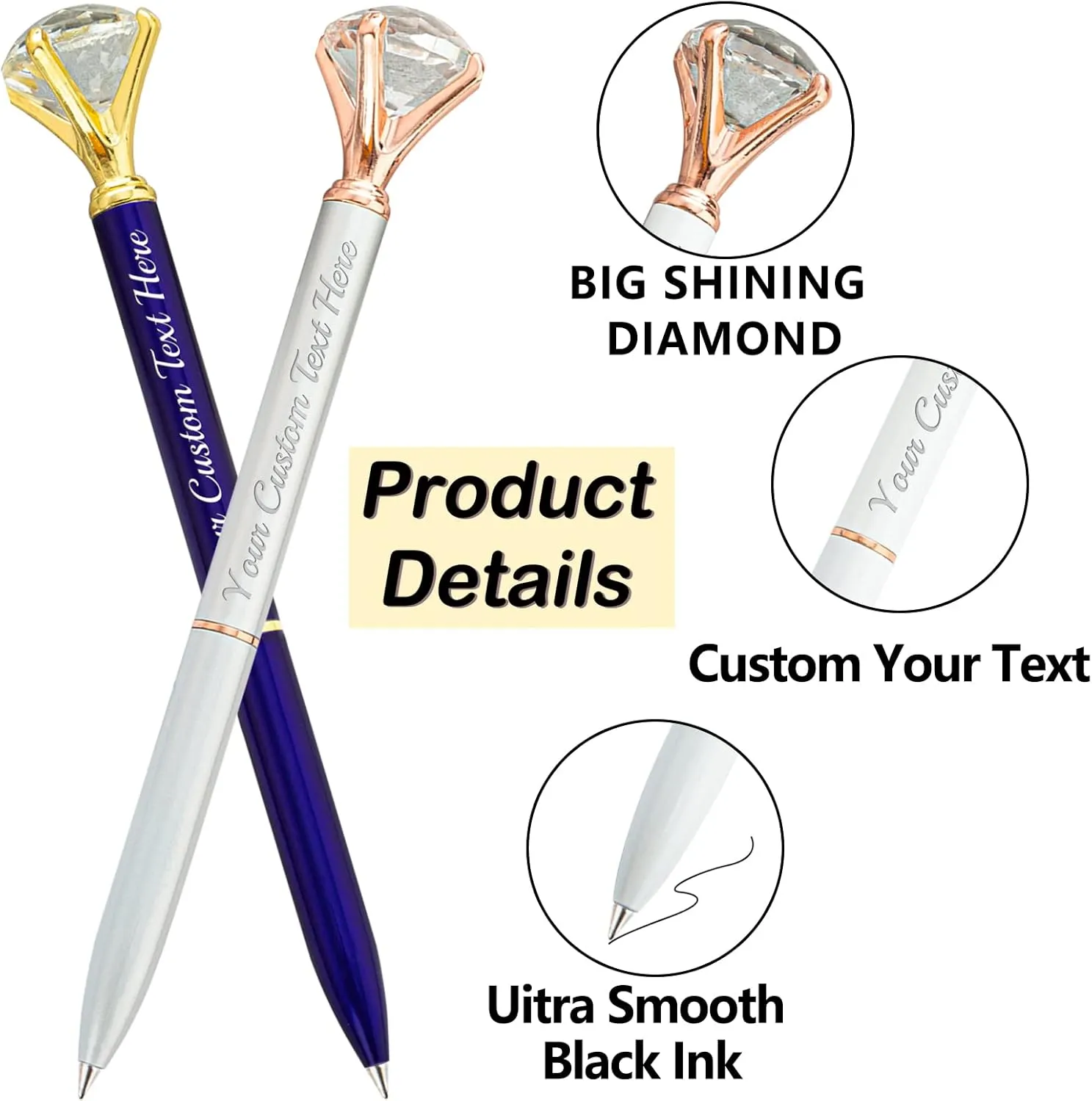 Personalized Diamond Pens Custom Pens with Name Bulk Crystal Metal Engraved Customized Ballpoint Pen Bulk Sparkly Funny Pens for Women Men Medium Black Ink Birthday Graduations Gifts Assorted 100PCS