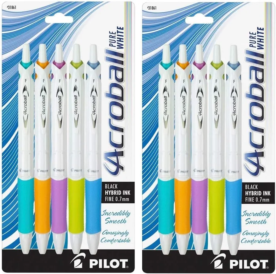 Pilot Acroball PureWhite Retractable Advanced Ink Ball Point Pens; Fine Point, Black Ink, Turquoise/Orange/Purple/Lime/Blue Accents, 2 Of Each (10 Pack)