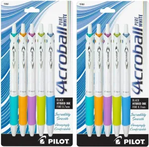 Pilot Acroball PureWhite Retractable Advanced Ink Ball Point Pens; Fine Point, Black Ink, Turquoise/Orange/Purple/Lime/Blue Accents, 2 Of Each (10 Pack)