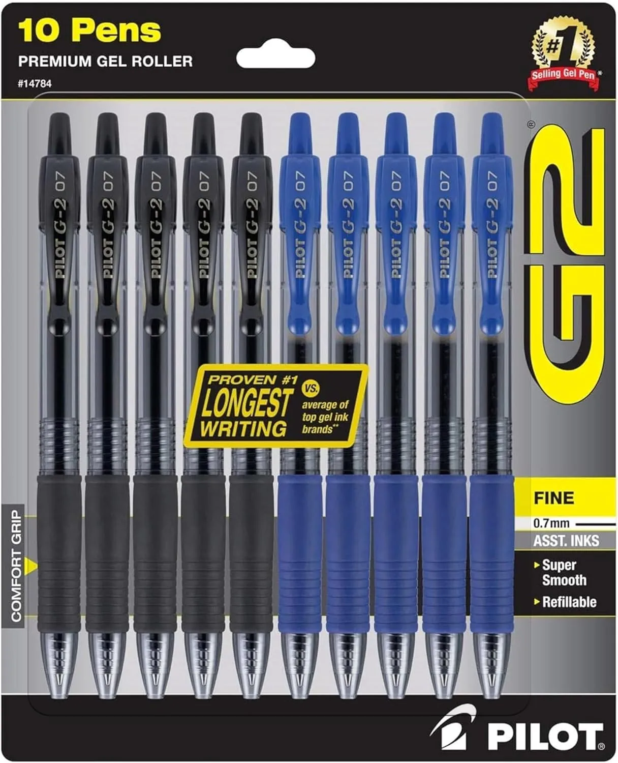 PILOT G2 Pens 0.7 mm - 10 Pack of 5 Blue and 5 Black Pens Ballpoint Fine Point, Refillable & Retractable