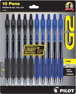 PILOT G2 Pens 0.7 mm - 10 Pack of 5 Blue and 5 Black Pens Ballpoint Fine Point, Refillable & Retractable
