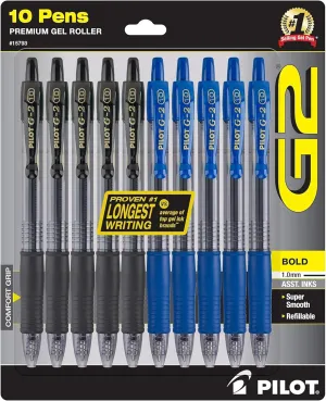 PILOT G2 Pens 1.0 mm - 10 Pack of 5 Blue and 5 Black Pens Ballpoint Bold Point, Refillable & Retractable
