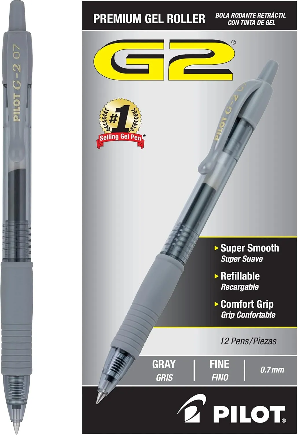 Pilot, G2 Premium Gel Roller Pens, Fine Point 0.7 mm, Gray, Pack of 12
