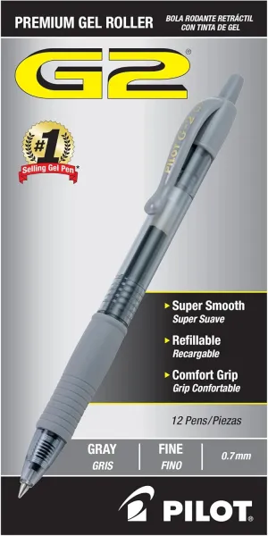 Pilot, G2 Premium Gel Roller Pens, Fine Point 0.7 mm, Gray, Pack of 12