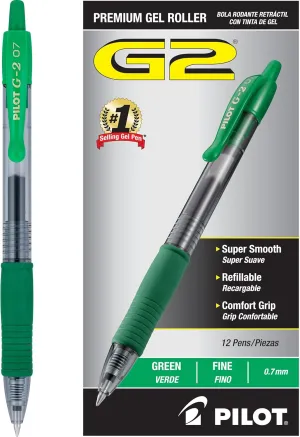 Pilot, G2 Premium Gel Roller Pens, Fine Point 0.7 mm, Green, Pack of 12