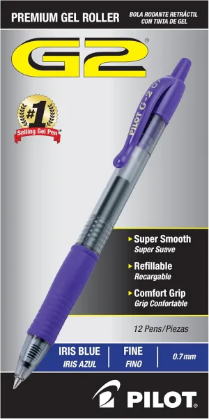 Pilot, G2 Premium Gel Roller Pens, Fine Point 0.7 mm, Iris Blue, Pack of 12