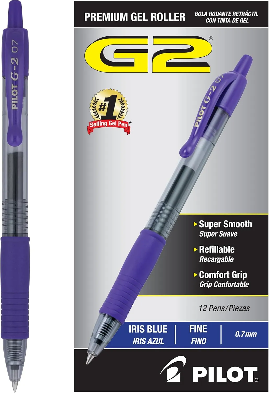 Pilot, G2 Premium Gel Roller Pens, Fine Point 0.7 mm, Iris Blue, Pack of 12