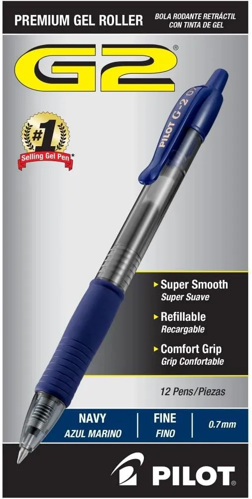 Pilot, G2 Premium Gel Roller Pens, Fine Point 0.7 mm, Navy Blue, Pack of 12