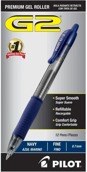 Pilot, G2 Premium Gel Roller Pens, Fine Point 0.7 mm, Navy Blue, Pack of 12