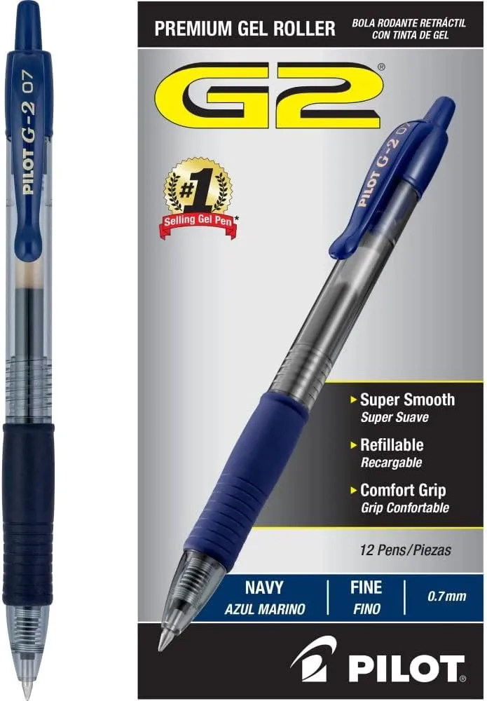 Pilot, G2 Premium Gel Roller Pens, Fine Point 0.7 mm, Navy Blue, Pack of 12