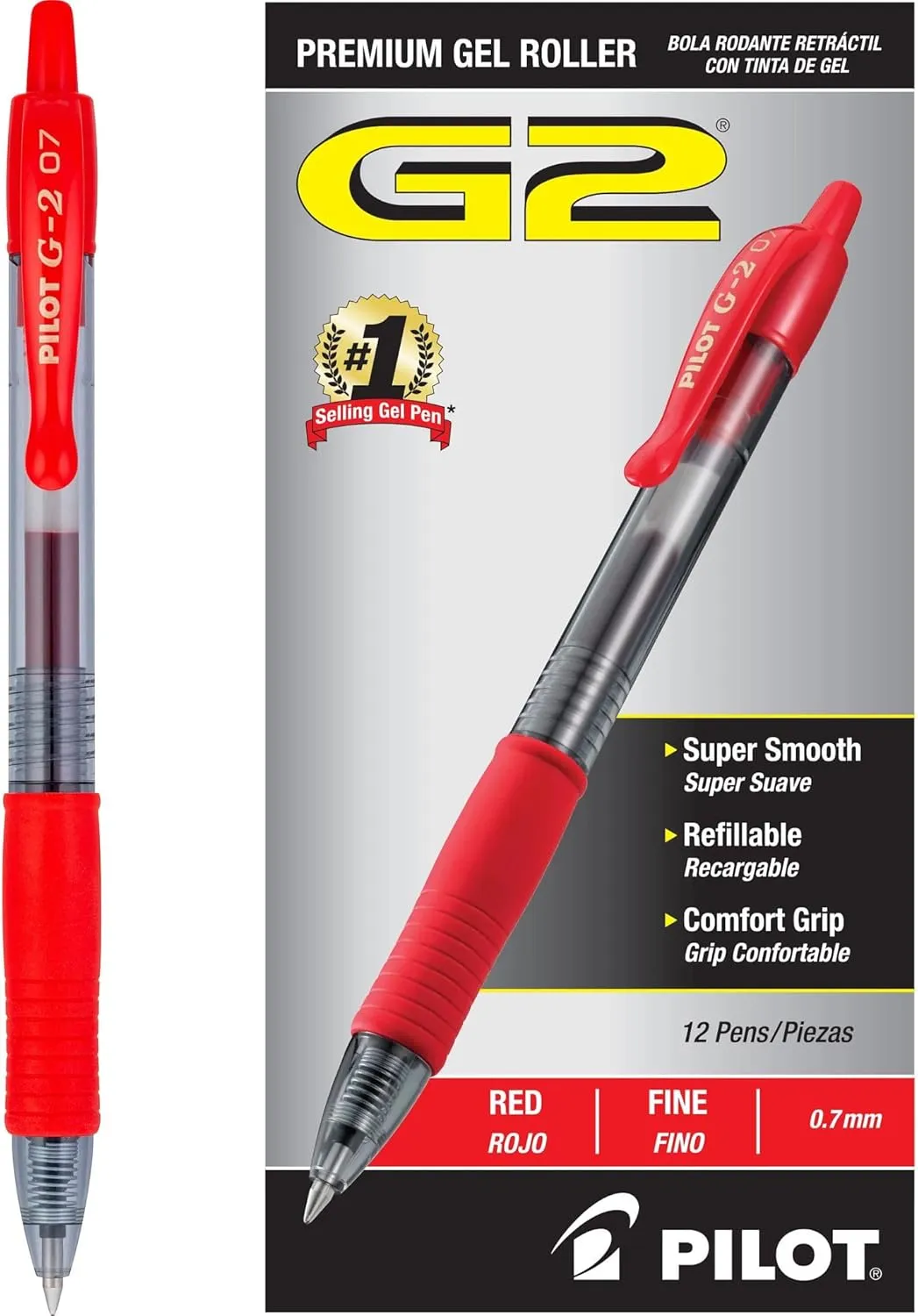 Pilot, G2 Premium Gel Roller Pens, Fine Point 0.7 mm, Red, Pack of 12