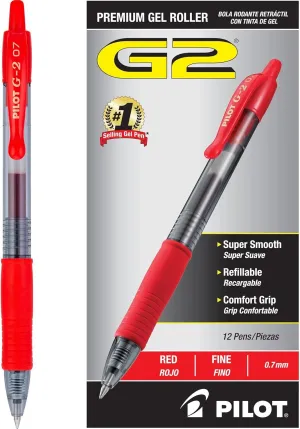 Pilot, G2 Premium Gel Roller Pens, Fine Point 0.7 mm, Red, Pack of 12