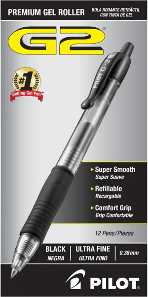 Pilot, G2 Premium Gel Roller Pens, Ultra Fine Point 0.38 mm, Pack of 12, Black