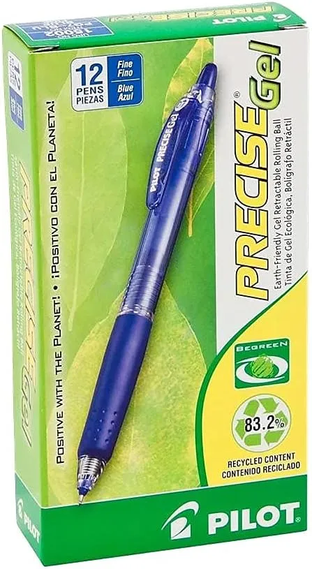 Pilot, Precise BeGreen, Refillable & Retractable Gel Roller Pens, Fine Point 0.7 mm, Blue, Pack of 12