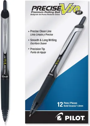 Pilot, Precise V10 RT Refillable & Retractable Rolling Ball Pens, Bold Point 1 mm, Black, Pack of 12
