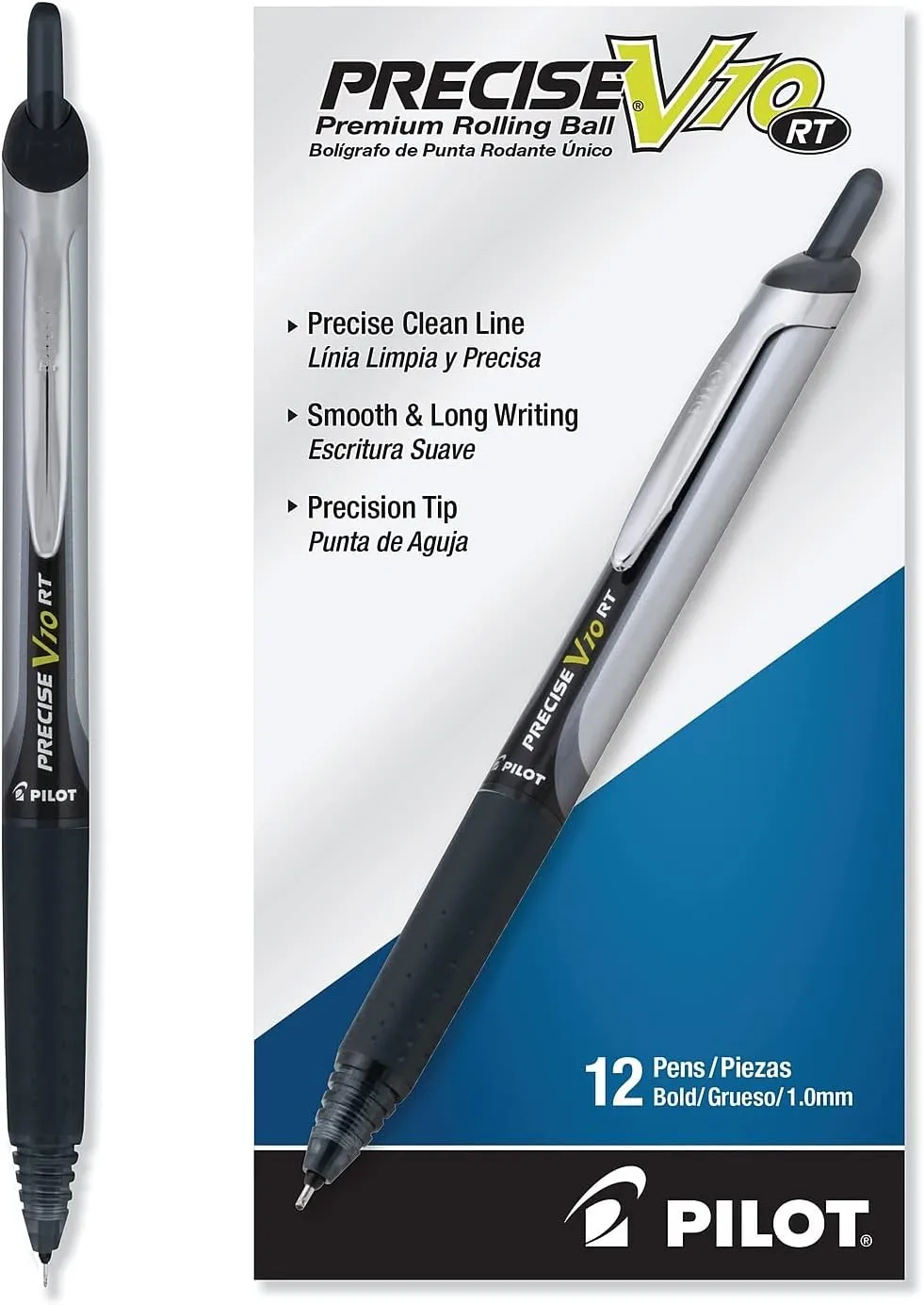 Pilot, Precise V10 RT Refillable & Retractable Rolling Ball Pens, Bold Point 1 mm, Black, Pack of 12