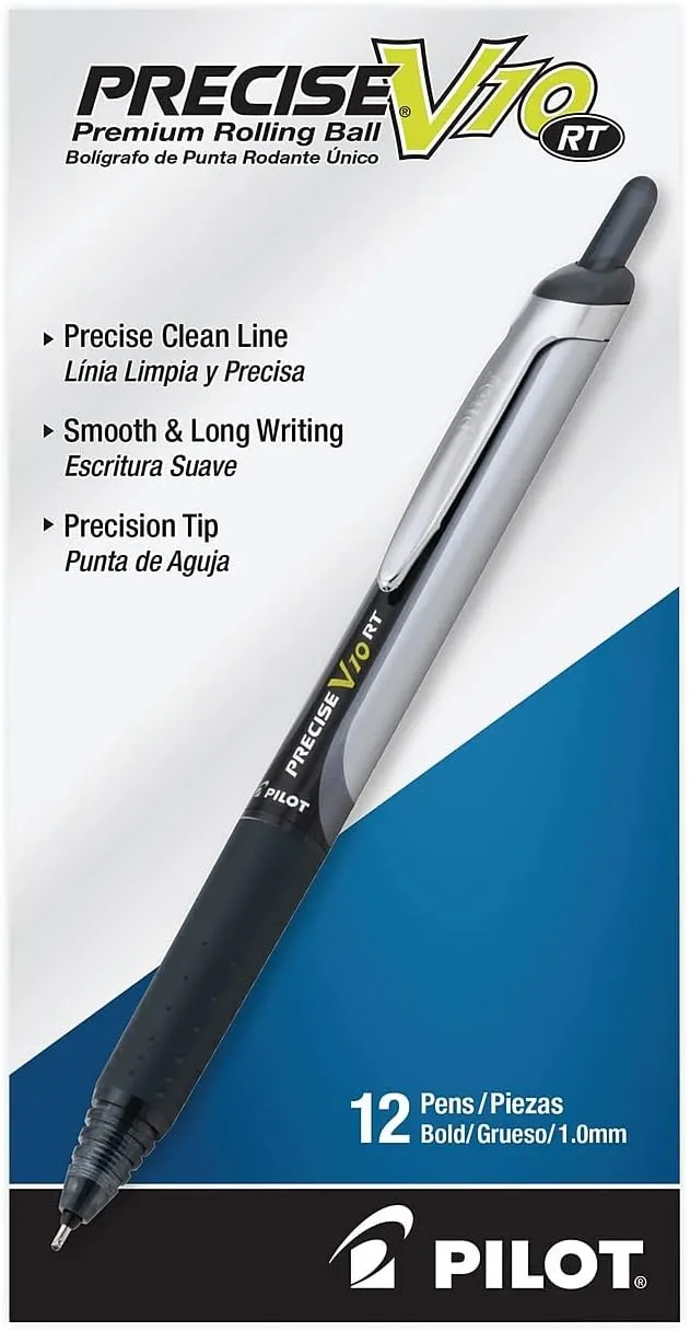 Pilot, Precise V10 RT Refillable & Retractable Rolling Ball Pens, Bold Point 1 mm, Black, Pack of 12